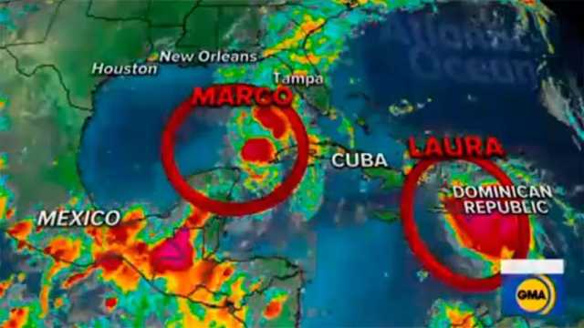 Marco y Laura, el fenómeno de dos huracanes que convergen en el Golfo de México. (Proyección: ABC News)