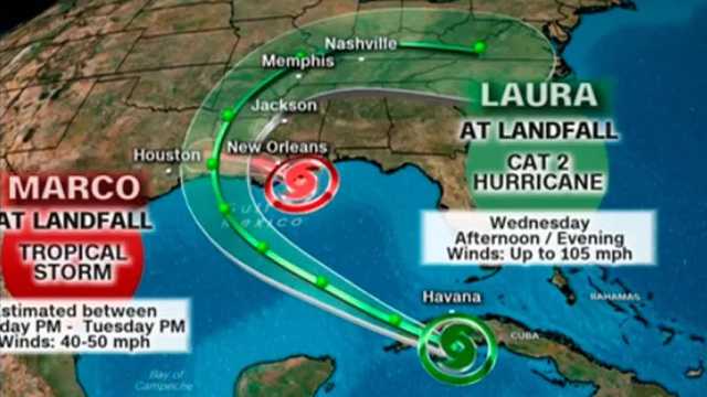 Marco dejará lluvias como depresión, Laura sí amenaza seriamente como huracán 2. (Imagen: CNN)